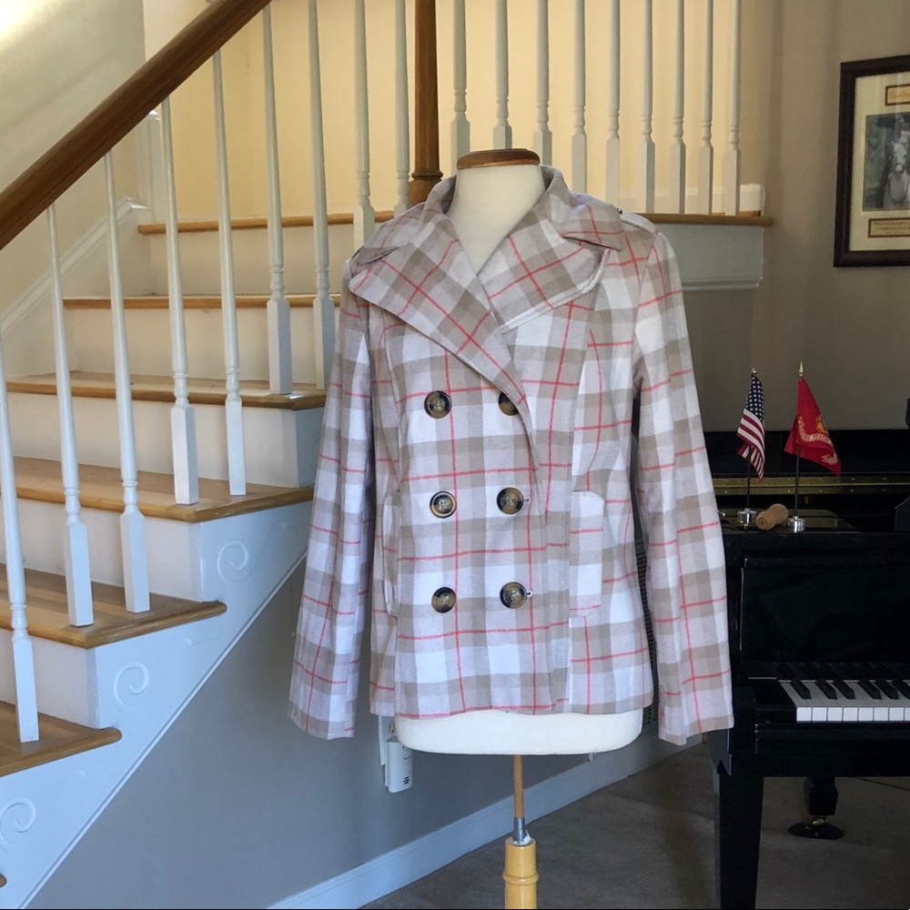 Old Navy Cream/Tan Plaid Pea Coat Wool BLen Fitted